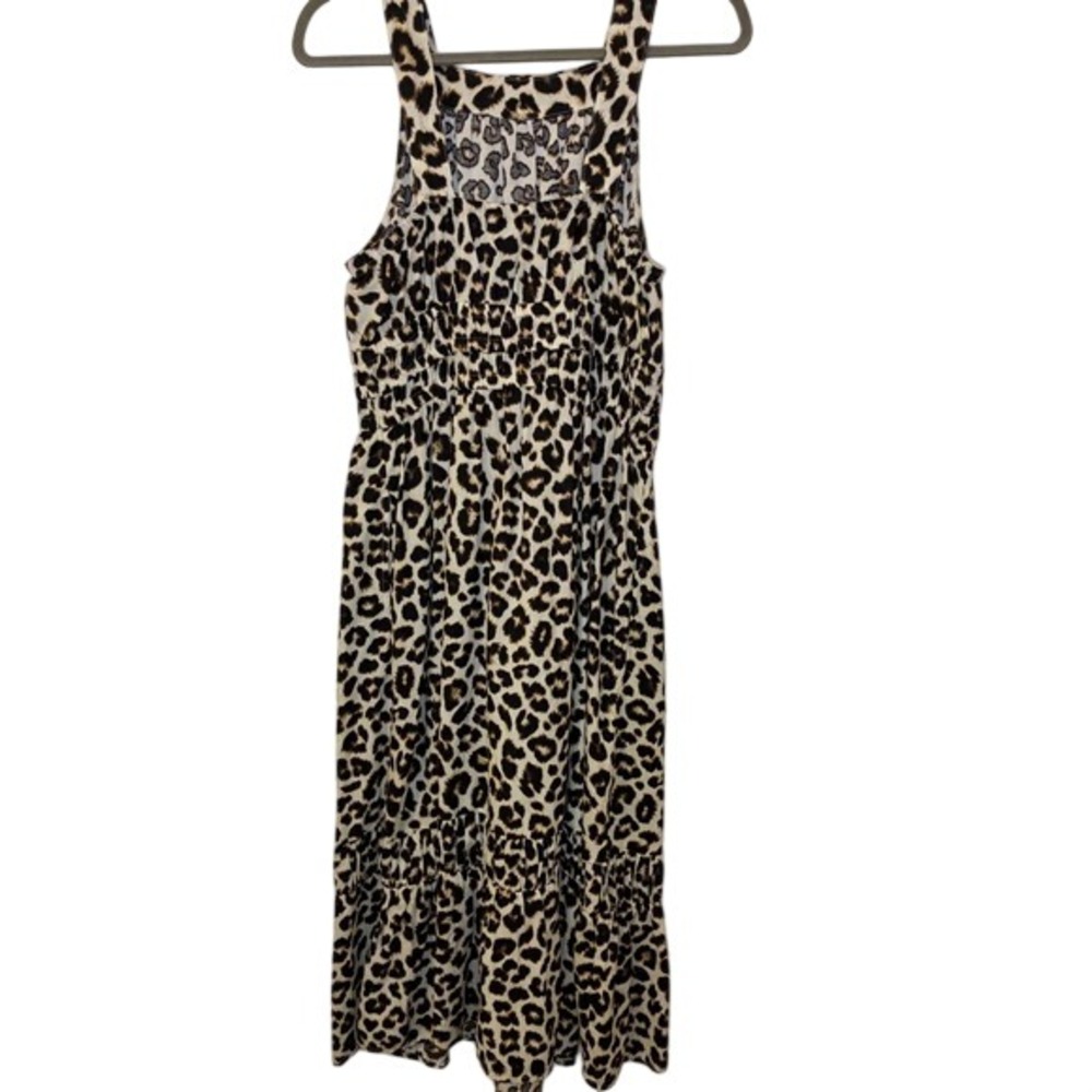 Time and Tru Leopard Print Smocked Midi Dress Brown Tan Animal Pattern Medium